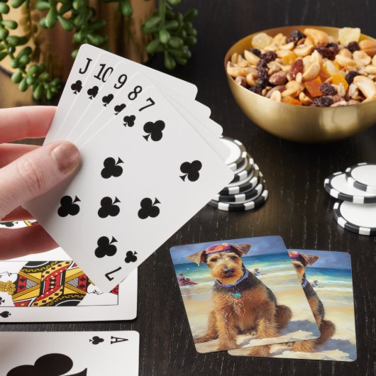 Airedale op strand, zomercadeau voor hondenliefheb pokerkaarten (Insitu)