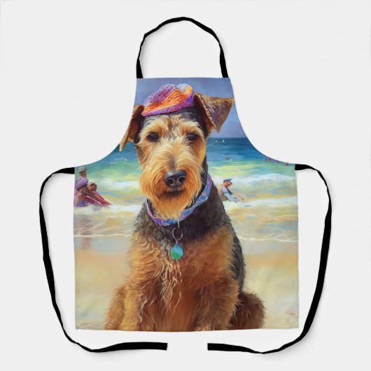 Airedale op strand, zomercadeau voor hondenliefheb schort (Voorkant)