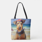 Airedale op strand, zomercadeau voor hondenliefheb tote bag (Achterkant)