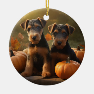 Airedale Puppy Autumn Delight Pompoen Keramisch Ornament