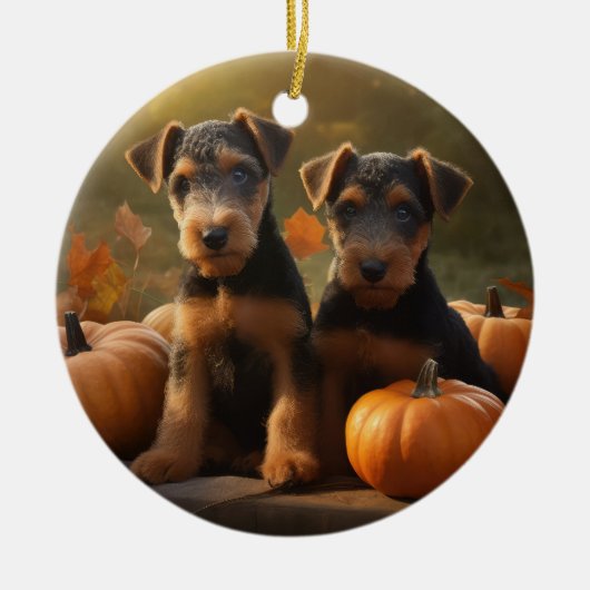 Airedale Puppy Herfst Delight Pompoen Keramisch Ornament (Voorkant)