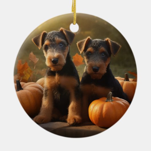 Airedale Puppy Herfst Delight Pompoen Keramisch Ornament (Achterkant)