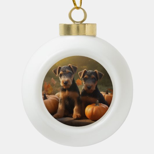 Airedale Puppy Herfst Delight Pompoen Keramische Bal Ornament (Voorkant)