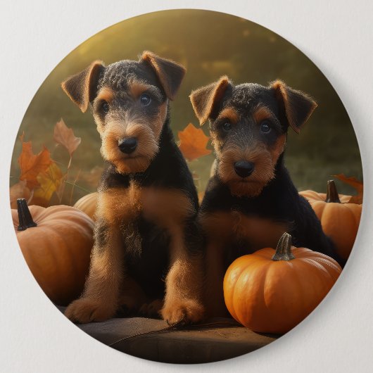 Airedale Puppy Herfst Delight Pompoen Ronde Button 6,0 Cm (Voorkant)