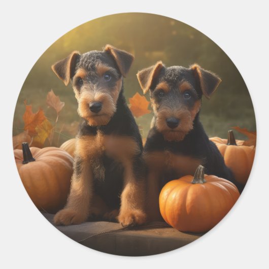Airedale Puppy Herfst Delight Pompoen Ronde Sticker (Voorkant)