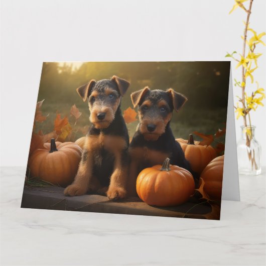 Airedale Puppy Herfstpomp Delight Pompoen Kaart (Gele Bloem)