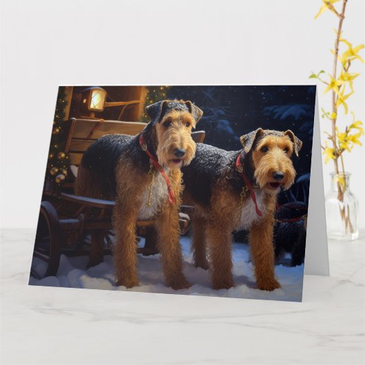 Airedale Sneeuw Slede Rit Kerst Decoratie   Kaart (Gele Bloem)