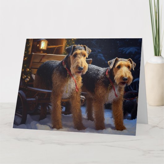 Airedale Sneeuw Slede Rit Kerst Decoratie Kaart (Voorkant)