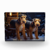 Airedale Snowy Sleigh Ride Kerst Decor Fotoblokken (Voorkant)
