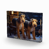 Airedale Snowy Sleigh Ride Kerst Decor Fotoblokken (Rechts)