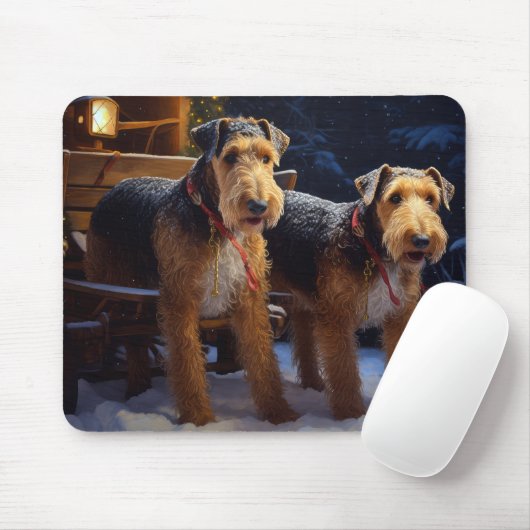 Airedale Snowy Sleigh Ride Kerst Decor Muismat (Met muis)