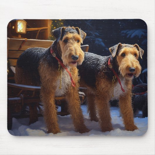Airedale Snowy Sleigh Ride Kerst Decor Muismat (Voorkant)