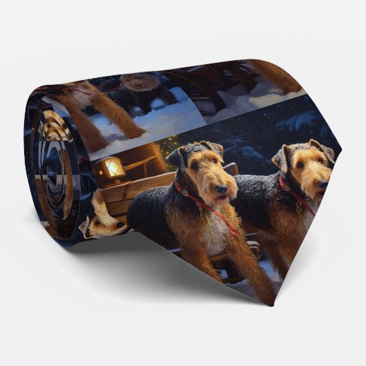 Airedale Snowy Sleigh Ride Kerst Decor Stropdas (Opgerold)
