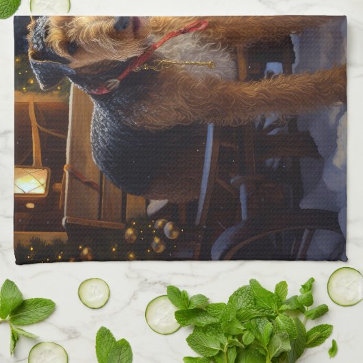 Airedale Snowy Sleigh Ride Kerst Decor Theedoek (Gevouwen)