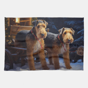 Airedale Snowy Sleigh Ride Kerst Decor Theedoek