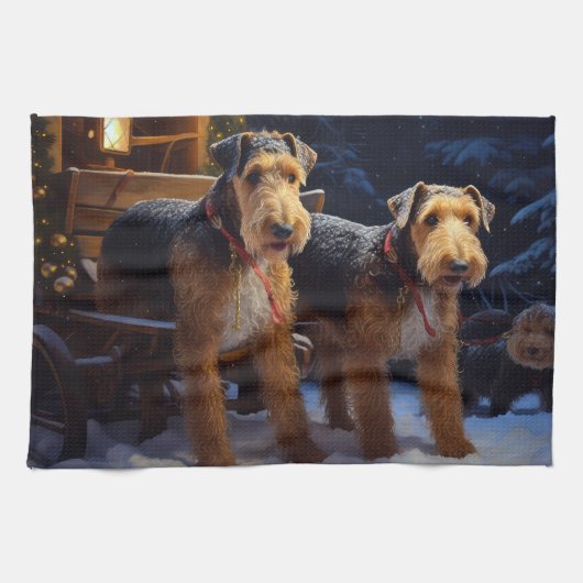 Airedale Snowy Sleigh Ride Kerst Decor Theedoek (Horizontaal)