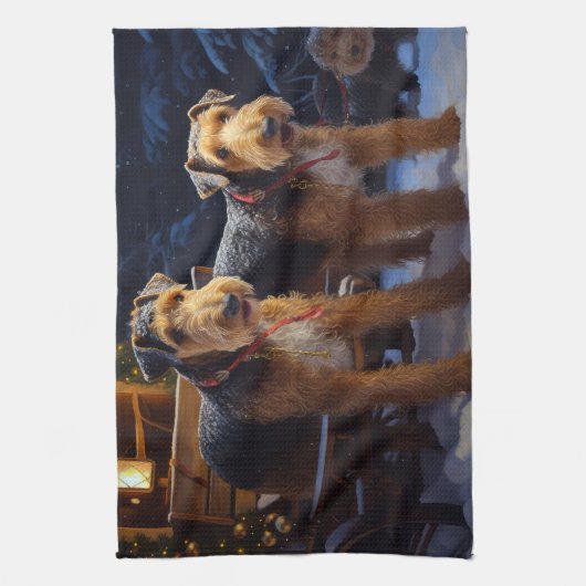 Airedale Snowy Sleigh Ride Kerst Decor Theedoek (Verticaal)