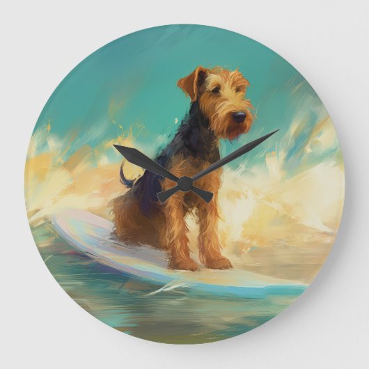 Airedale strand surfen schilderij grote klok (Voorkant)