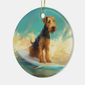 Airedale strand surfen schilderij keramisch ornament (Links)