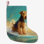 Airedale strand surfen schilderij kleine kerstsok (Voorkant)