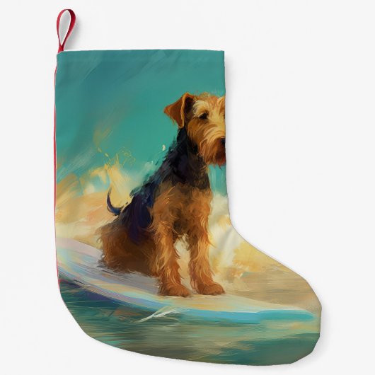 Airedale strand surfen schilderij kleine kerstsok (Voorkant)