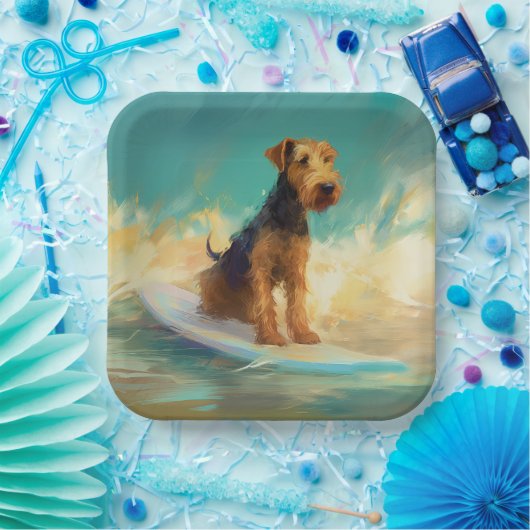 Airedale strand surfen schilderij papieren bordje (Feest)