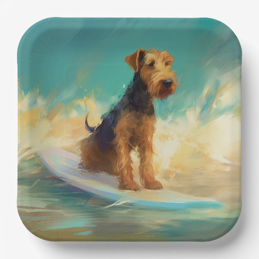 Airedale strand surfen schilderij papieren bordje (Voorkant)