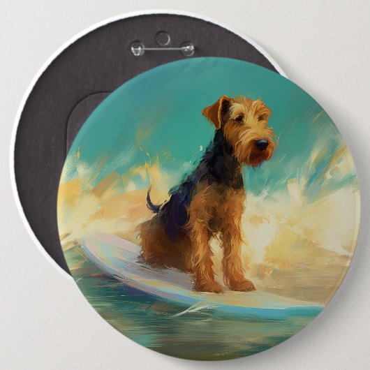 Airedale strand surfen schilderij ronde button 6,0 cm (Voorkant /achterkant)