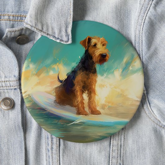 Airedale strand surfen schilderij ronde button 6,0 cm (In situ)