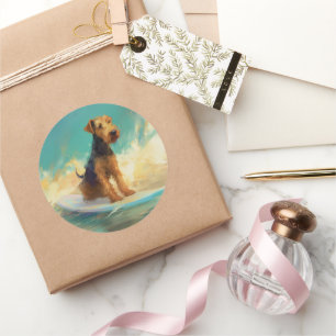 Airedale strand surfen schilderij ronde sticker
