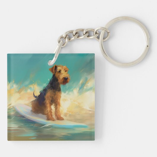 Airedale strand surfen schilderij sleutelhanger (Achterkant)