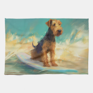 Airedale strand surfen schilderij theedoek