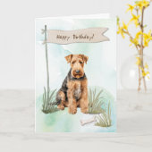 Airedale Terrier Breed Hond Onder Verjaardagsbord Kaart (Gele Bloem)