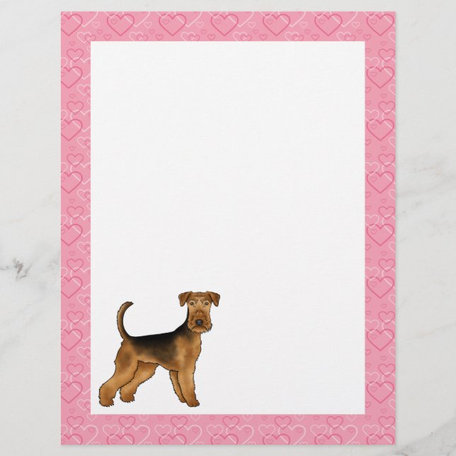 Airedale Terrier Cartoon Hond Hart Patroon Roze Briefhoofd (Voorkant)