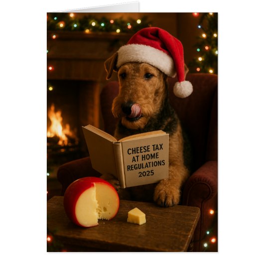 Airedale Terrier 'Cheese Tax' Christmas card (Voorkant)