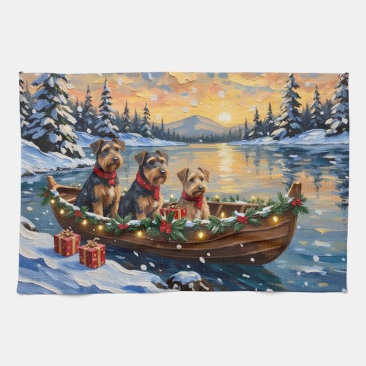 Airedale Terrier Christmas Boat Holiday Theedoek (Horizontaal)