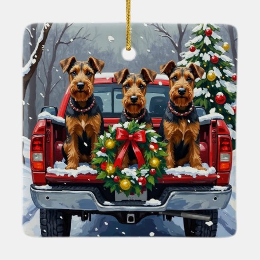 Airedale Terrier Christmas Red Truck Holiday Keramisch Ornament (Achterkant)