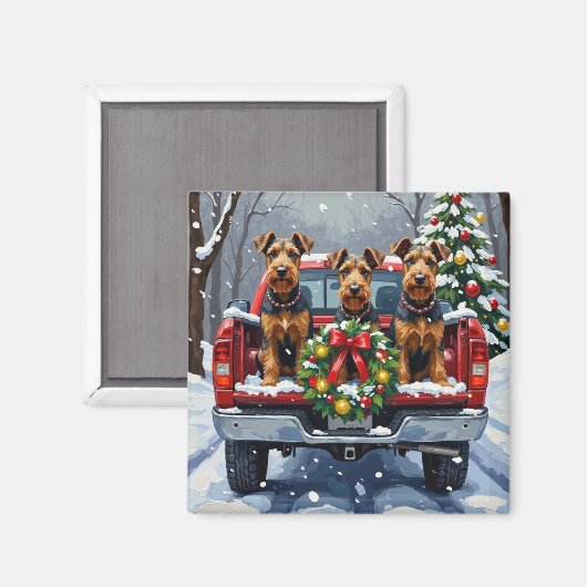 Airedale Terrier Christmas Red Truck Holiday Magneet (Voorkant / Achterkant)