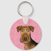 Airedale Terrier Cute Hond Kop Op Roze Harten Sleutelhanger (Voorkant)