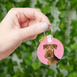 Airedale Terrier Cute Hond Kop Op Roze Harten Sleutelhanger