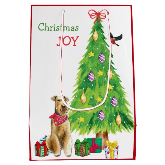 Airedale Terrier Dog, Bird en Kerstboom Medium Cadeauzakje (Achterkant)