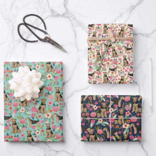 Airedale Terrier Dog Floral Inpakpapier Vel (Voorkant)