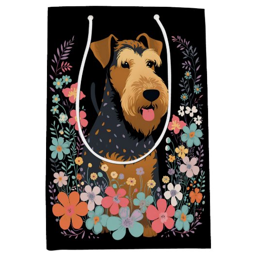 Airedale Terrier Dog in Flower Garden Cute Medium Cadeauzakje (Voorkant)