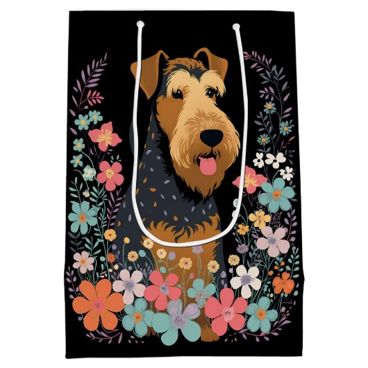 Airedale Terrier Dog in Flower Garden Cute Medium Cadeauzakje (Achterkant)