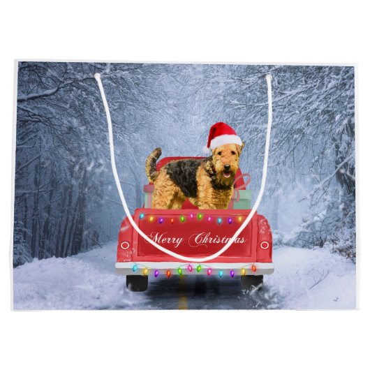 Airedale Terrier Dog in Snow, met Kerstmis Groot Cadeauzakje (Achterkant)