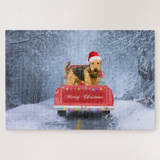 Airedale Terrier Dog in Snow, met Kerstmis Legpuzzel (Horizontaal)