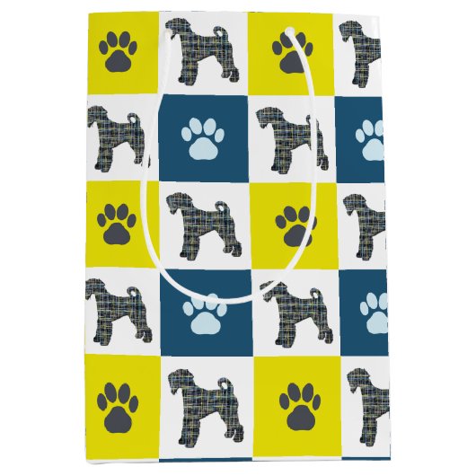 Airedale Terrier Dog & Paw Yellow & Blue Grid Line Medium Cadeauzakje (Voorkant)