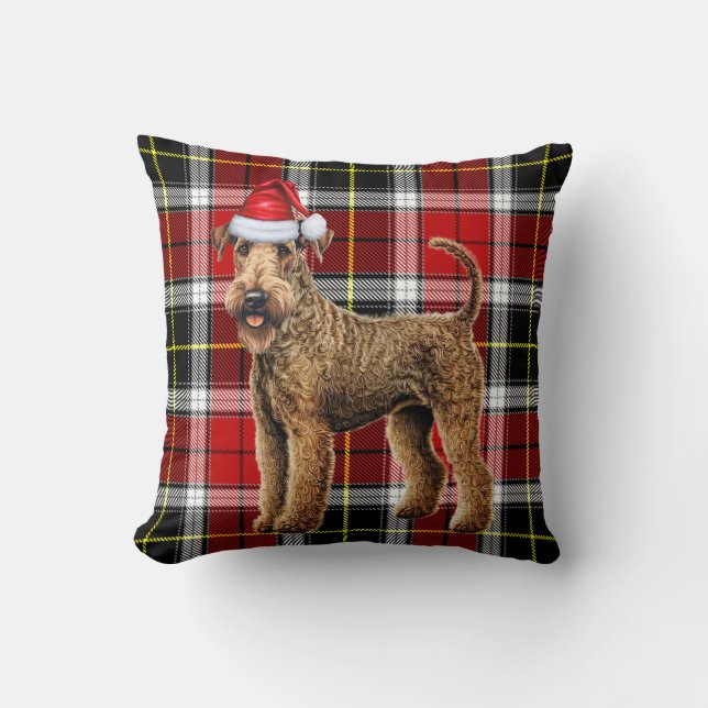 Airedale Terrier Dog Red Plaid Kerstvakantie Kussen (Voorkant)