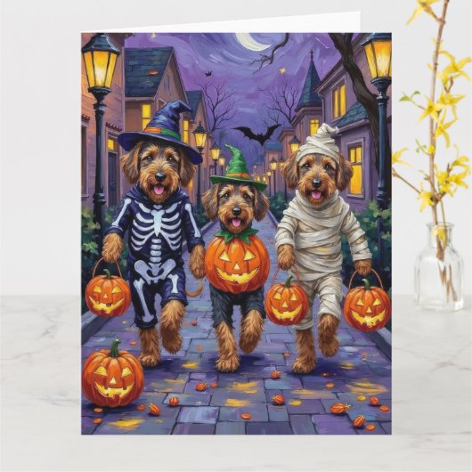 Airedale Terrier Dogs Trick-or-Treating Halloween Kaart (Gele Bloem)
