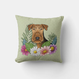 Airedale Terrier en kleurrijke zomerbloemen groen Kussen